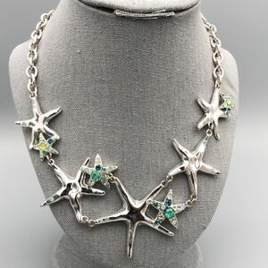 St. Thomas Starfish Necklace Silver Tone Blue Green Rhinestone Coastal Beach